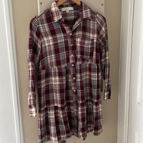 LOFT Tiered Plaid Pocket Shirtdress XS Petite - Picture 3 of 4